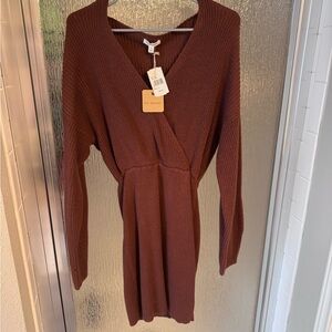 Blu Pepper Brown Ribbed Knit Wrap Long Sleeve Dress